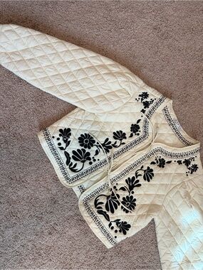 HYFVE Cream Quilted Bomber Jacket with Black Floral Embroidery